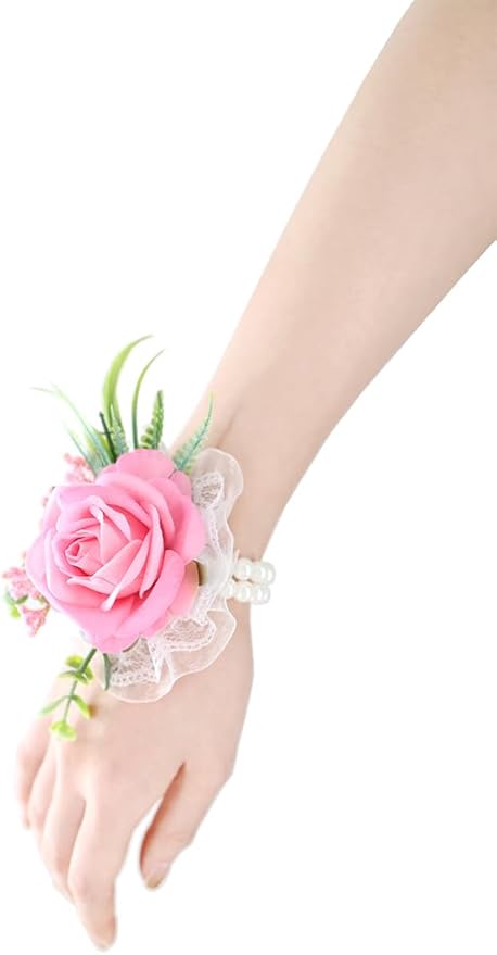 Ansofi Pink Corsage and Boutonniere Set Artificial Rose Flower Wrist Corsage and Boutineers for Groom Groomsmen Bride Bridesmaids Prom Rustic Vintage Wedding Decor