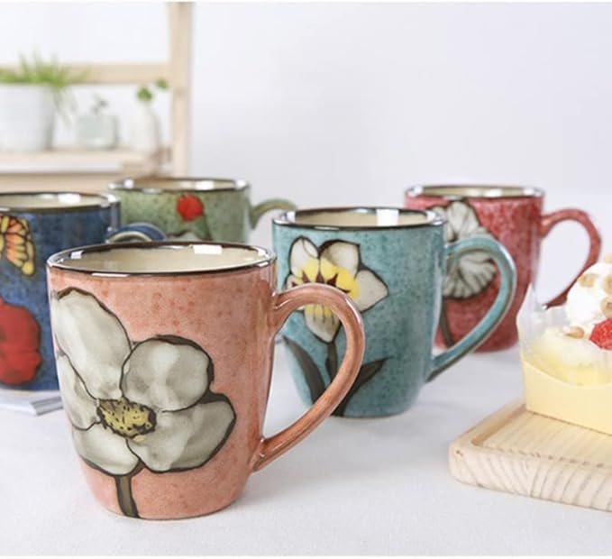Ceramics 12oz Cappuccino Mug,Coffee mugs,Tea mugs,Kiln Glazing Process,Microwave and Dishwasher Safe, Perfect For Tea, Espresso, Latte - Porcelain Mugs for Kitchen or Cafe (Red+Blue+Green+Pink)