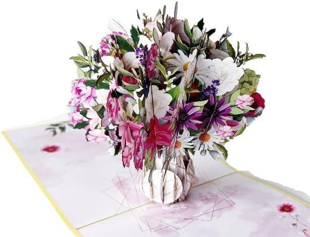 ETA 3D Pop Up Greeting Card – Colorful Mixed Flower Bouquet in Vase, Handmade Floral Paper Art for Birthday, Mother’s Day, Anniversary, Thank You & Garden Lover Gift with Envelope F40