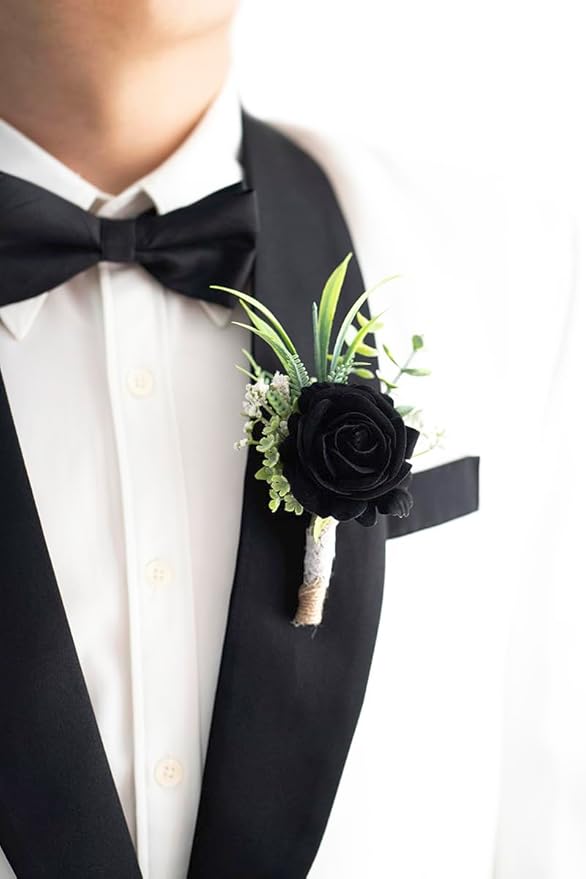 Ansofi Black Corsage and Boutonniere Set Artificial Rose Flower Wrist Corsage and Boutineers for Groom Groomsmen Bride Bridesmaids Prom Rustic Vintage Wedding Decor