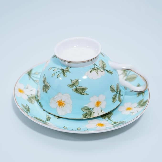 Bone China Tea Cup and Saucer Set with Spoon,Elegant Floral Tea Cup Set (7 oz),British Coffee Latte Mug for Mother's Day Gifts