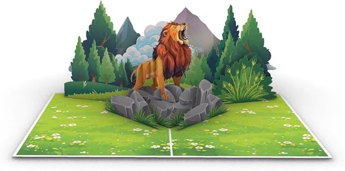 iGifts And Cards Roar-some 3D Pop-Up Lion Card β Majestic Safari Jungle Scene | Fierce Fun Wildlife Greeting for Birthdays Graduations Thank You Encouragement Animal Lovers 6x8 with Notecard