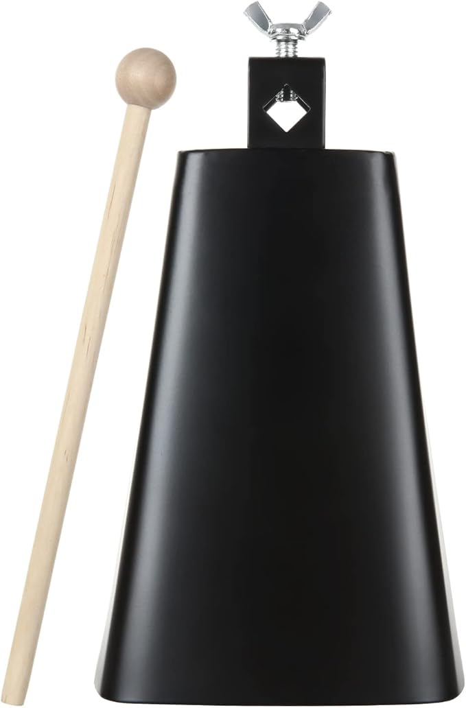 Acrux7 7 Inch Large Cow Bell Noise Makers, Metal Cowbell with Handle and Stick, Hand Percussion Music Cowbell for Sporting Events, Drum Set, Church, Weddings, Beautiful Clear Tapping Sound (Black)