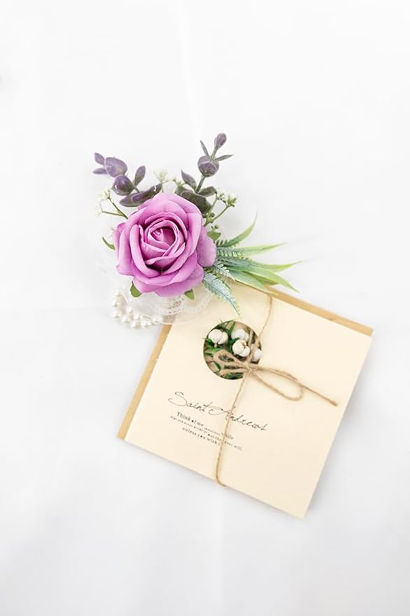 Ansofi Purple Corsage and Boutonniere Set Artificial Rose Flower Wrist Corsage and Boutineers for Groom Groomsmen Bride Bridesmaids Prom Rustic Vintage Wedding Decor