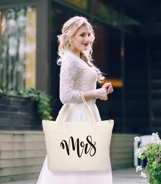 Mrs Canvas Tote Bag with Zipper, Bride Gifts for Bachelorette Party, Engagement, Wedding, Bridal Shower