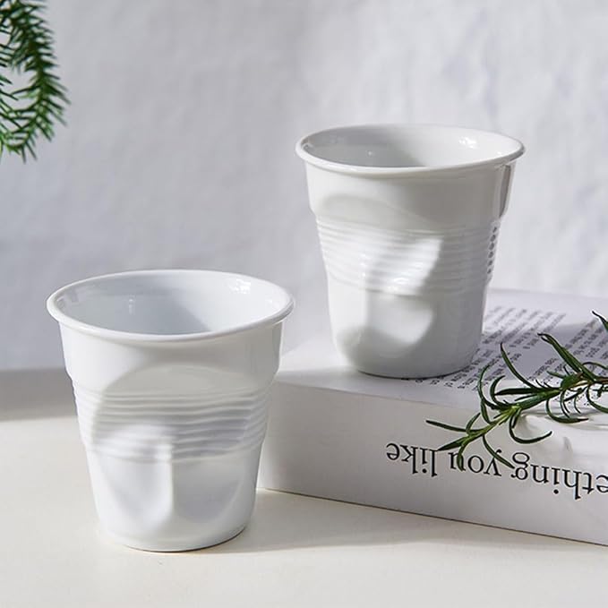 Unique Ceramic Mug Inspired by Crumpled Paper Cup Design,Artistic & Irregular Shape, Perfect for Coffee, Tea, and Hot Beverages,Ideal for Home, Office (White, Small)