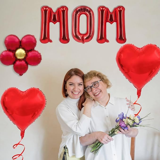 Red Mom Balloons Mother's Day Balloon Red Daisy Flower Balloons Heart Foil Balloon for Mother's Day Themed Birthday Party Decorations Mon Birthday Party Supplies Set-6 Pcs