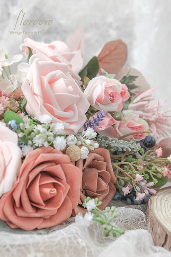 Floroom Artificial Flowers 25pcs Real Looking Dusty Pinky Cedar Foam Fake Roses with Stems for DIY Wedding Bouquets Bridal Shower Centerpieces Floral Arrangements Party Tables Home Decorations