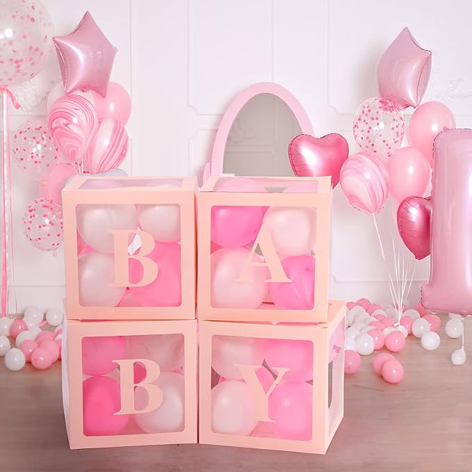 Baby Boxes with Letters for Baby Shower Decorations - 4 Transparent Balloon Boxes for Girl Baby Gender Reveal Decorations (Pink)