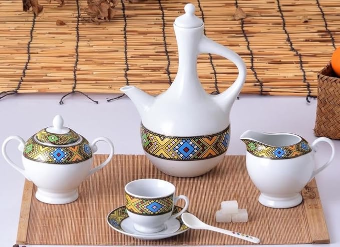 Tibeb 23 Piece Coffee Set, White Porcelain with Colorful Geometric Pattern, Traditional Ethiopian Style Tea and Coffee Service