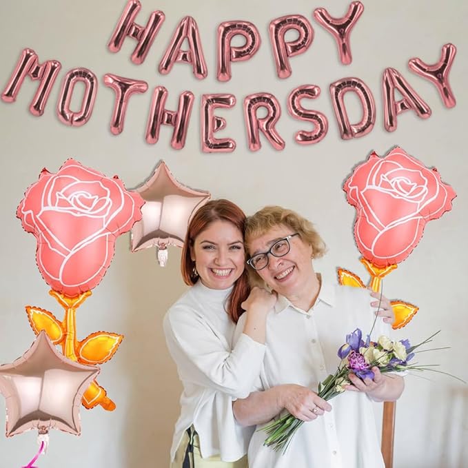 Rose Gold Mothers Day Balloons Foil Happy Mother's Day Balloons Banner Letter Star Pink Rose Balloon for Mother's Day Party Decoration Mama Birthday Supplies Mom Arch Kits Party Balloon Sets-19 Pcs