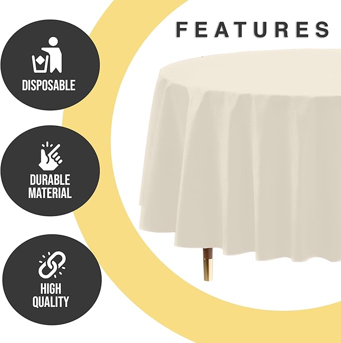 Exquisite 66% Thicker Premium Ivory Round Tablecloth 0.5 Mil 12 Pack Plastic Table Cloth Disposable 84 Inch Round Plastic Tablecloth Won't Tear Easily Like Cheap Thin Brands