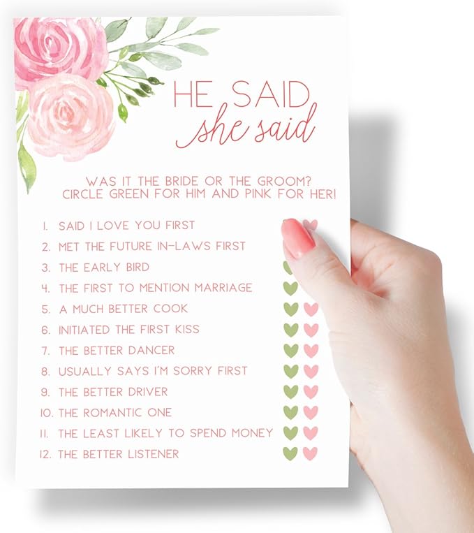 Printed Party Bridal Shower Games – He Said She Said Game with Fun Bride and Groom Trivia, Wedding Shower Activity, Pink Floral Design, 50 Guests