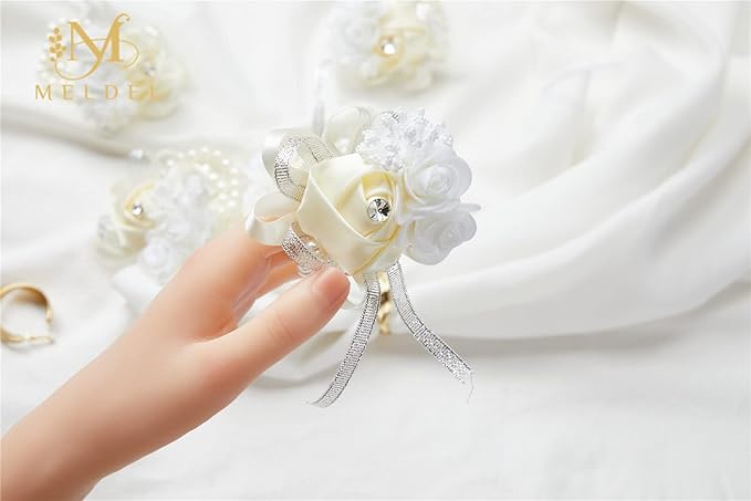 Meldel Beige Wrist Corsage for Prom, 2pcs Champagne Rose Flower Corsages for Bridal Bridesmaid Girl Women, Wrist Flower Set for Wedding Mother of Bride, Hand Flower for Homecoming Anniversary Party