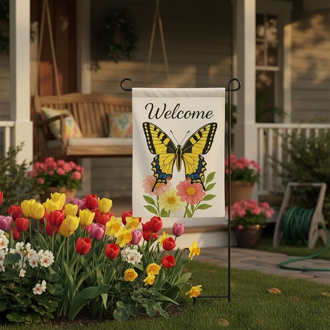 FLAGMEUP8386 Welcome Butterfly Garden Flag 12x18 Inch Double-Sided Polyester Yard Banner with Swallowtail and Floral Design, Outdoor Decoration for Pollinator Week, Labor Day and Fall Garden Refresh