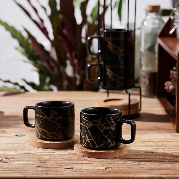 LUKA Porcelain Espresso Cup with Saucer and Metal Stand, 4 Ounce Stackable Ceramic Demitasse Espresso Mugs Cups Set for Latte,Coffee,Cafe Mocha,Tea(Set of 4)