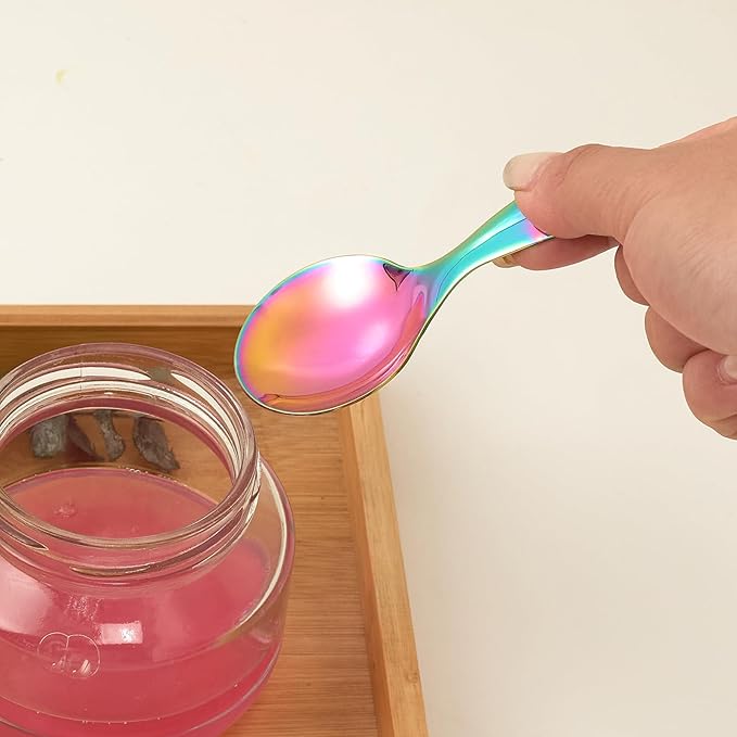 Colored Stainless Steel Short Handle Spoons 3 Pack Iridescent Round Dessert Spoons 304 Steel Mini Spoon Set for Coffee Ice Cream Tea Seasoning Rainbow (3.58 x 1.77Inch)
