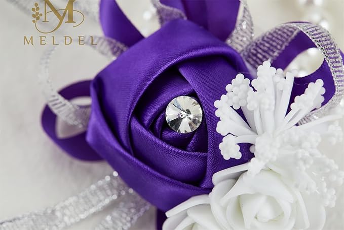 Meldel Artificial Wrist Corsage for Bride Bridesmaid Wedding, 4PCS Purple Rose Bride and Groom for Mother Wrist Hand Flower Girl Prom Ceremony Party Homecoming