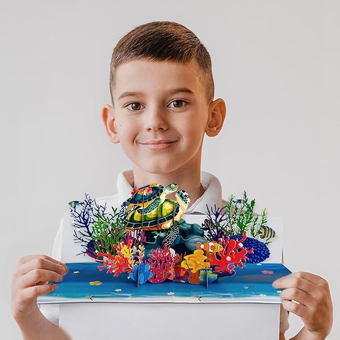 CUTE POPUP Father day Turtles Pop Up Card Mesmerizing Ocean Design for Mother's Day, Father's Day, Birthdays (6x6 inches)