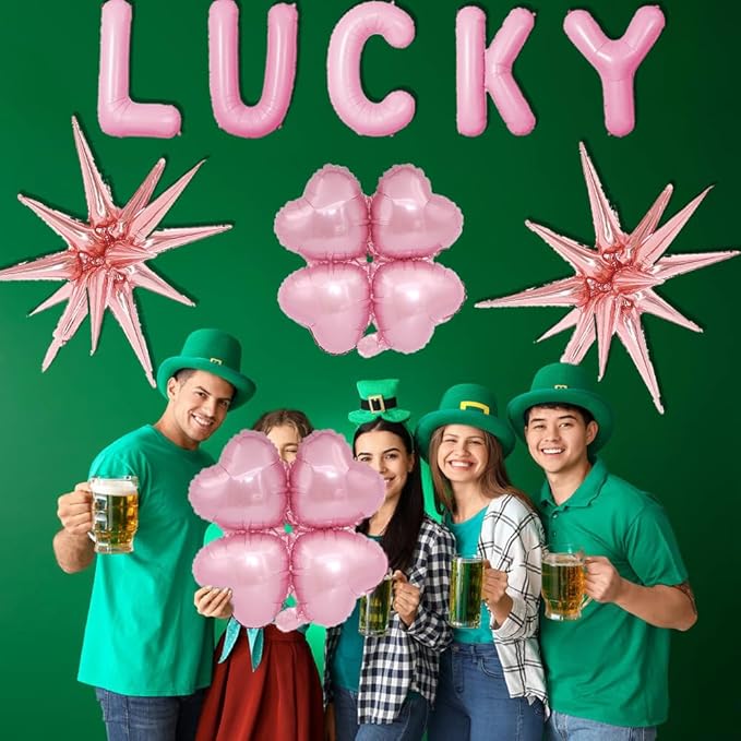 Pink Shamrock Balloon St. Patrick's Day Foil Balloons Pink Lucky Balloon Banner Four Leaf Clover Balloons for Happy Saint Patrick Day Party Decoration Irish Festival Party Supplies