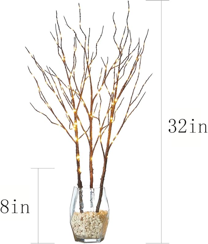 Fudios Branch Lights Plug in with Timer Willow Branches with Lights for Vase Twig 32IN 150 LED Outdoor and Indoor Holiday Party Decor 2Set Brown