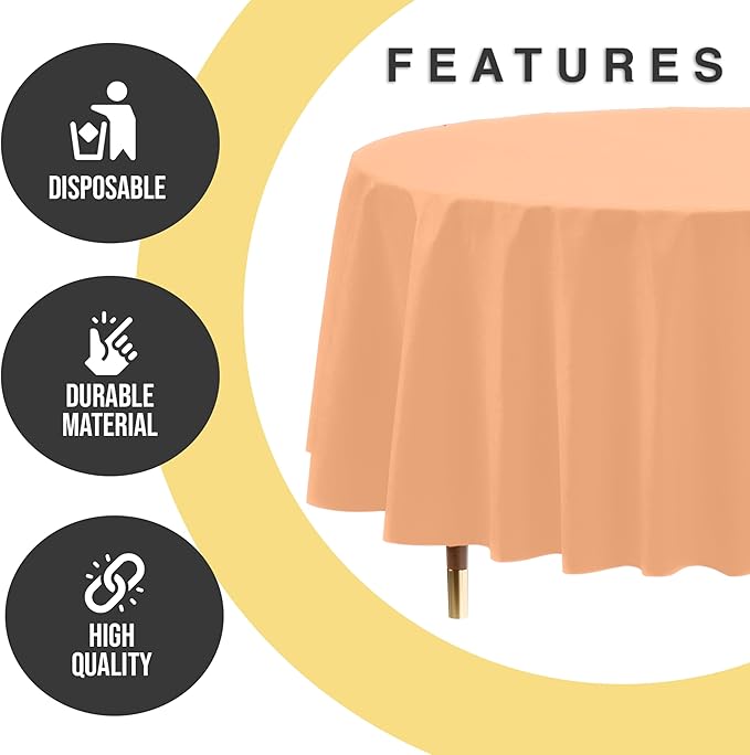 Exquisite 66% Thicker Premium Peach Round Tablecloth 0.5 Mil 12 Pack Plastic Table Cloth Disposable 84 Inch Round Plastic Tablecloth Won't Tear Easily Like Cheap Thin Brands