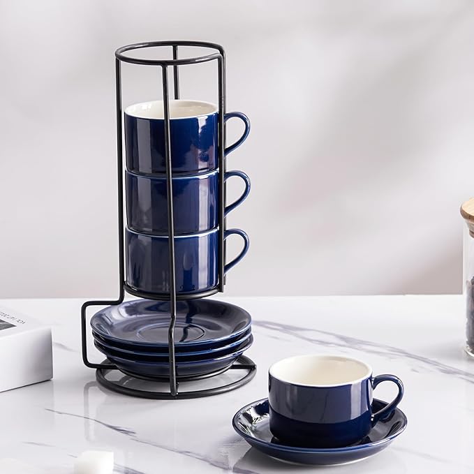 2.5oz Espresso Cups Set of 4, Porcelain Stackable Espresso Cups with Saucers and Metal Stand Set, Blue Expresso Shots Cup Set for Cappuccino, Coffee Drinks, Latte, Tea