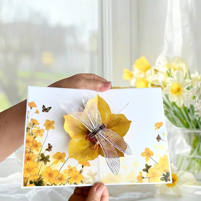 Birthday Card for Mom, 3D Dragonfly Pop-Up Card with Daisies and Butterflies, 3D Birthday Cards for Women, Sympathy and All Occasions, Unique Dragonfly Gift for Mom, Wife, Sister, Grandma, Daughter, Girlfriend, Includes Envelope & Note Tag