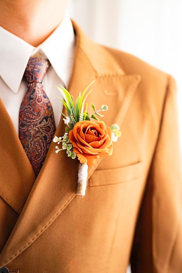 Ansofi Burnt Orange Corsage and Boutonniere Set Artificial Rose Flower Wrist Corsage and Boutineers for Groom Groomsmen Bride Bridesmaids Prom Rustic Vintage Wedding Decor