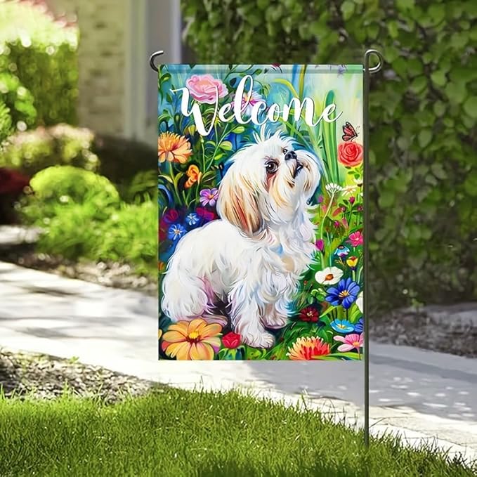 HOMETITUTE Shih Tzu Garden Flag 12x18 Double Sided Welcome Yard Flag Outdoor Farmhouse Decor Colorful Floral Butterfly Puppy for Front Porch Patio Lawn Pathway Spring Summer Home Decoration