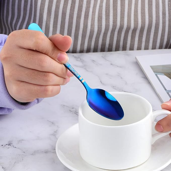 Blue Unique Pattern Design Coffee Espresso Spoons Mini, Mingcheng Stainless Steel Small Teaspoons Silverware Set of 12, BISDARUN 5.5 Inches Food Spoons for Demitasse Dessert Tea