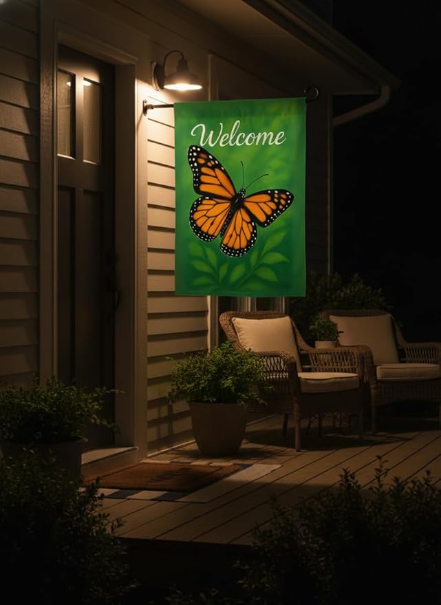 FLAGMEUP8386 Welcome Monarch Butterfly Garden Flag 12x18 Inch Double-Sided Polyester Yard Banner with Floral Design, Outdoor Spring Summer Yard Decoration for Gardeners, Homes, Seasonal Porch Décor