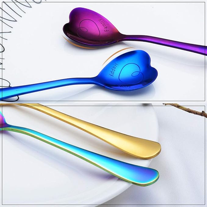 7 Pcs Stainless Steel Heart-Shaped Spoons - Cute Dessert, Ice Cream & Tea Spoons - Perfect Love Gifts (Black)