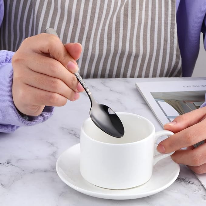 Black Unique Pattern Design Coffee Espresso Spoons Mini, Mingcheng Stainless Steel Small Teaspoons Silverware Set of 12, BISDARUN 5.5 Inches Food Spoons for Demitasse Dessert Tea