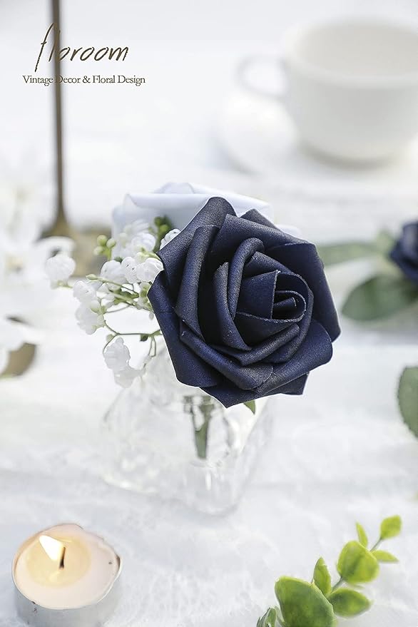 Floroom Artificial Flowers 50pcs Real Looking Navy Blue Foam Fake Roses with Stems for DIY Wedding Bouquets Bridal Shower Centerpieces Floral Arrangements Party Tables Home Decorations