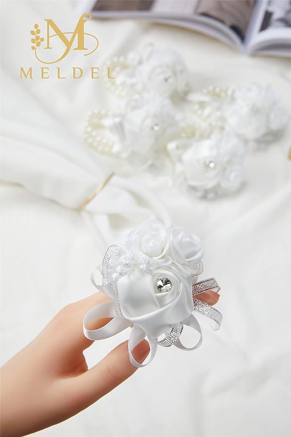 Meldel White Wrist Corsages for Prom, Set of 6, Rose Wedding Wrist Corsage for Bridal Bridesmaid Girl Women, Fake Wrist Flower for Mother of Bride, Artificial Hand Flower for Homecoming Anniversary