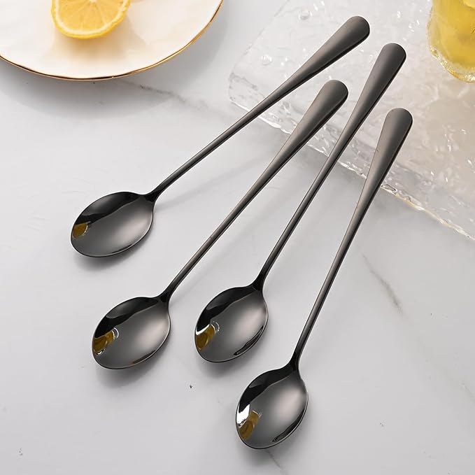 7.5 Inches Black Coffee Stirring Spoons Set,Set Of 8 Stanless Steel Iced Teaspoons,Long Handle Mixing Spoons For Cocktail And Sundae,Long Ice Cream Spoons