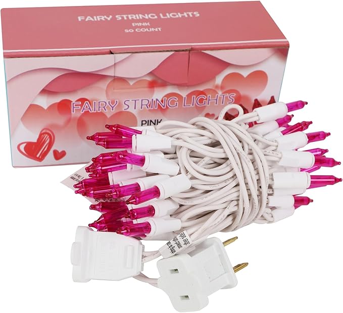 WATERGLIDE Valentine's String Lights, 50 Count 11.5FT White Wire Mini Incandescent Christmas Fairy Light, UL Certified for Patio Wreath Garland Garden Easter Holiday Outdoor Indoor Decor, Pink