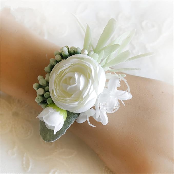 Meldel Rose Wrist Corsage Wristlet Band for Girls Women Bride Bridesmaid, Set of 6, White Hand Flower Wedding Artificial Flowers Accessories for Prom Party