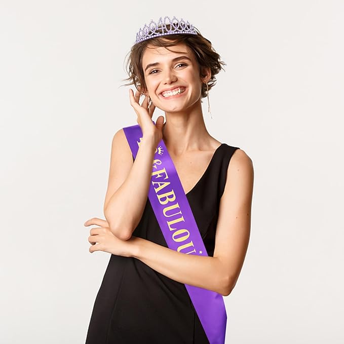 Casoty Purple 40th Birthday Sash and Tiara for Women, 40th Birthday Decorations for Women, 40th Crown and 40 & Fabulous Sash Set, Gifts for Her