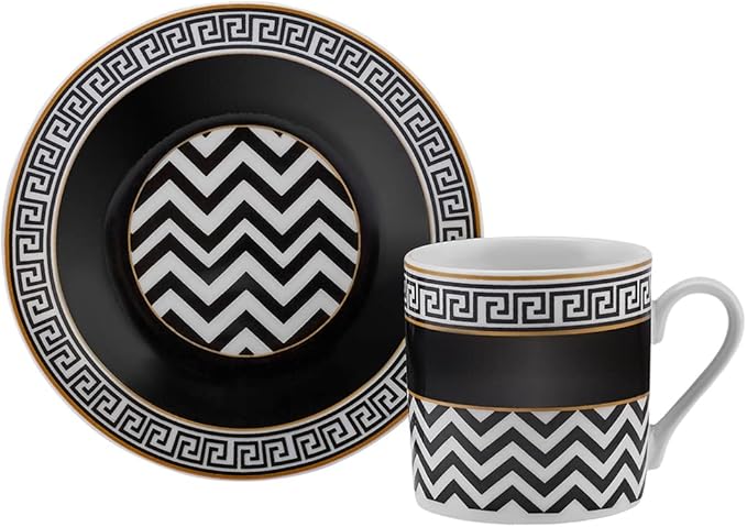KARACA Helenistik Porcelain Turkish Coffee Cups Set for 6 People - 12 Piece Espresso Cup with Saucers - Drinking Serving Gift Set for Women - Ideal for Serving Turkish Coffee (Black and White, 80 ml)