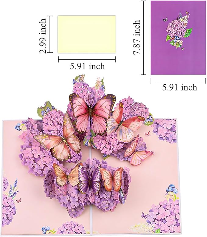 Purple Hydrangea and Butterfly Pop-Up Card, Romantic Floral Greeting Card, Butterflies Flower Card for Birthdays, Anniversaries, Weddings, Thank You, and Special Occasions