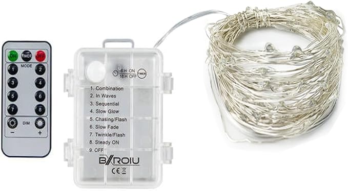 BXROIU 4 x Fairy Lights Battery Operated 8 Lighting Modes,50LEDs,16.4Ft/5 Meters Silver Wire String Lights,Timer Function,and Remote Control.for Christmas,Party,Wedding,Decorative Lighting
