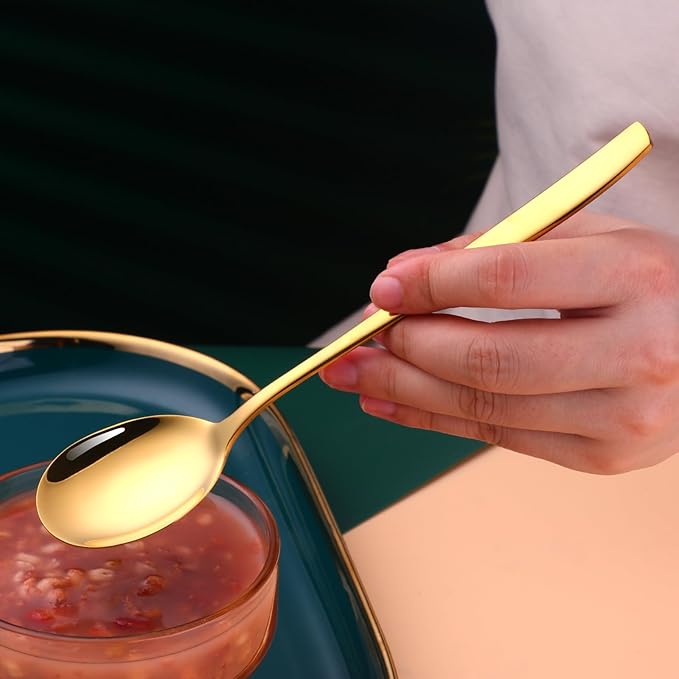 Metal Round Spoons, 8 inch Stainless Steel Reusable Long Handle Korean Soup Spoons, Table Dinner Desert Spoon Set of 8