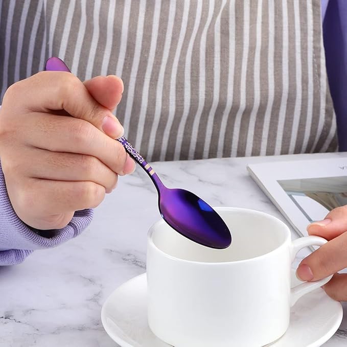 Purple Unique Pattern Design Coffee Espresso Spoons Mini, Mingcheng Stainless Steel Small Teaspoons Silverware Set of 12, BISDARUN 5.5 Inches Food Spoons for Demitasse Dessert Tea