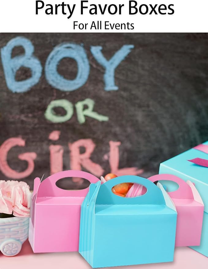 Pink and Blue Happyhiram Party Favor Boxes 12 Pcs for Gender Reveal Party Decoration, Handle Treat Boxes Gable Boxes 6" Tall for Centerpieces at Baby showers Kids Birthday Mini Gift Boxes for Boys and Girls