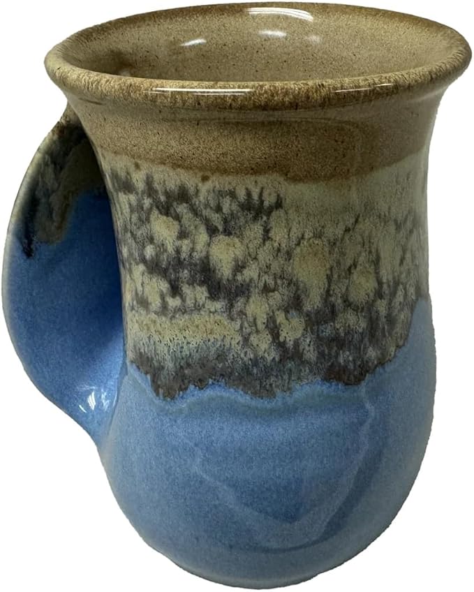 Clay in Motion Hand Warmer Coffee Mug – Handmade Coffee Mug With Comfortable Handle Contoured Pocket Hand Warming Ceramic Coffee Mug – Proudly Made in USA – Left Handed – 14 Oz - Sandy Beach