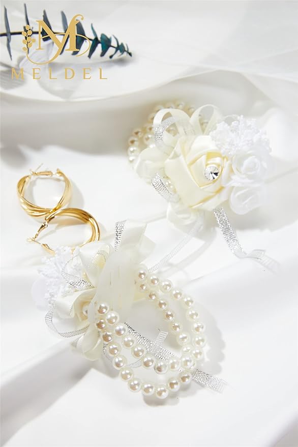 Meldel Wedding Wrist Corsages, 4pcs/Set Beige Ivory White Rose Pearl Bracelet Corsage for Bridal Bridesmaid, Mother of Bride Wrist Flower On Wrist Wedding Prom Party Homecoming Anniversary