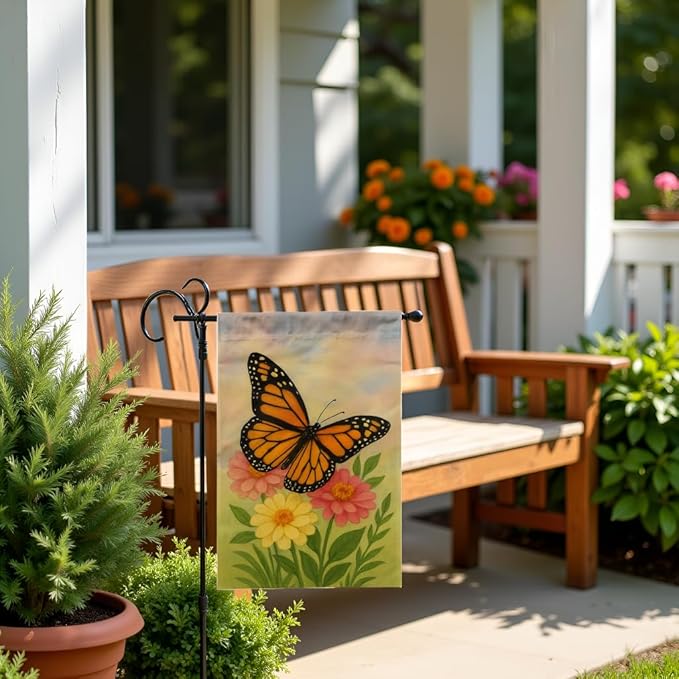 FLAGMEUP8386 Welcome Monarch Butterfly Garden Flag 12x18 Inch Double-Sided Polyester Yard Banner with Flowers, Outdoor Spring Summer Decoration for Porch, Patio, Lawn, Gardeners, Nature Lovers