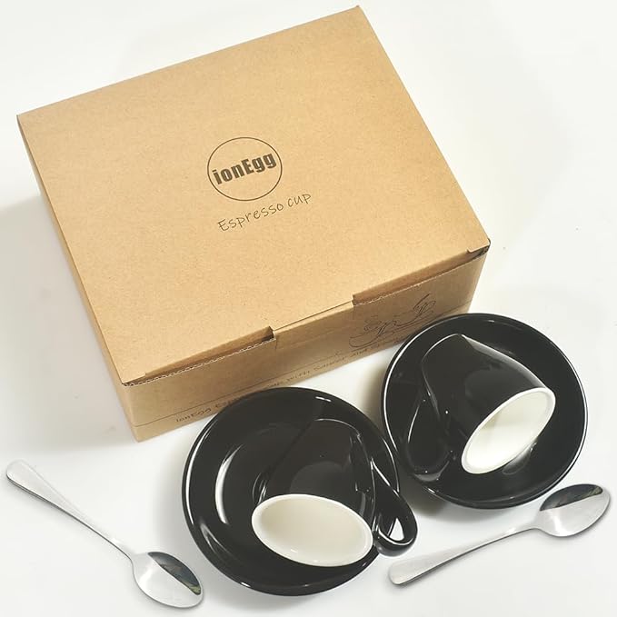 Porcelain Espresso Cup with Saucer And Stainless Steel mini Spoons, Espresso shot Cup, 80ml/2.7Oz, Pack of 2, Black